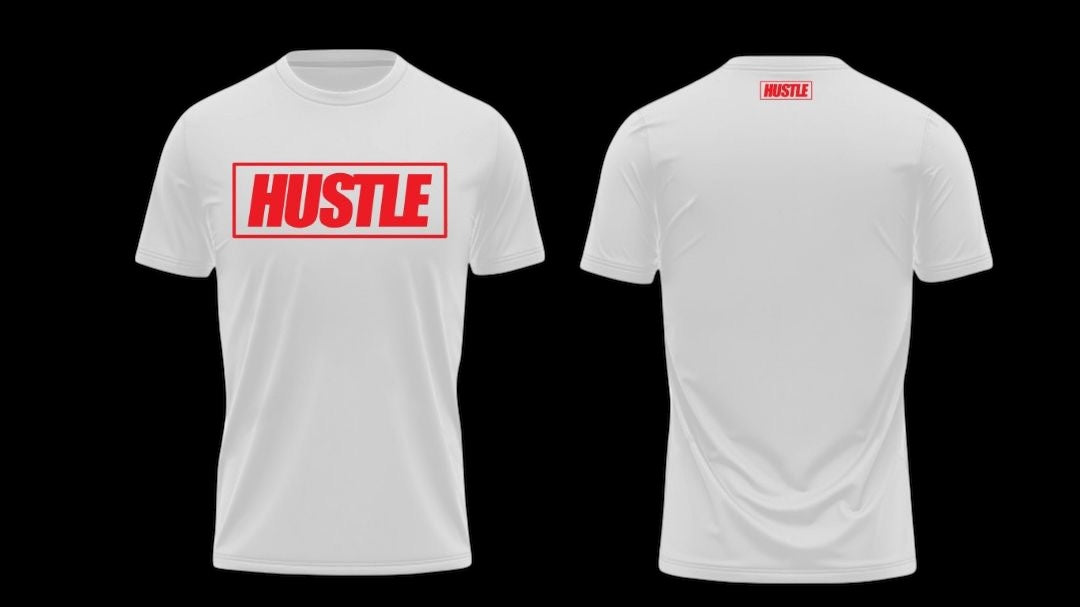 Red and white Hustle Tech-tee.